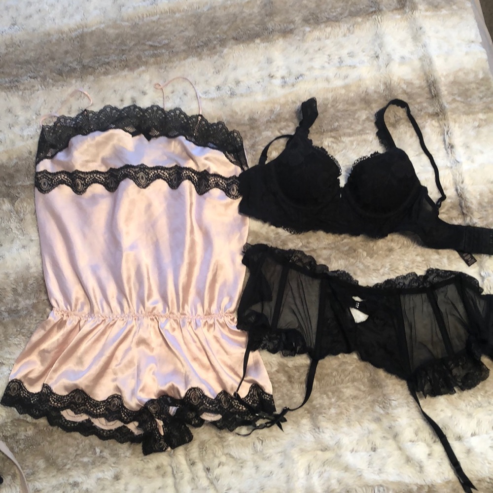 Victoria’s Secret silk romper, bra/garter lot